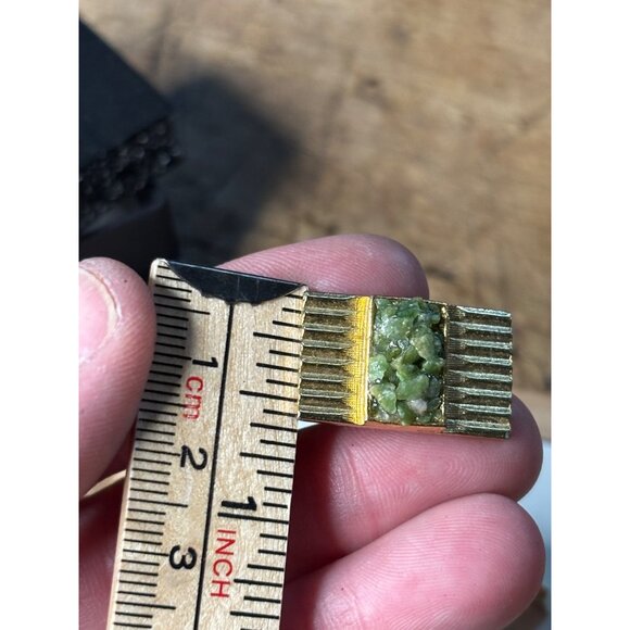 Vintage Gold-Tone Cufflinks With Textured Green Stone Inlay Rectangular Design - Picture 3 of 6